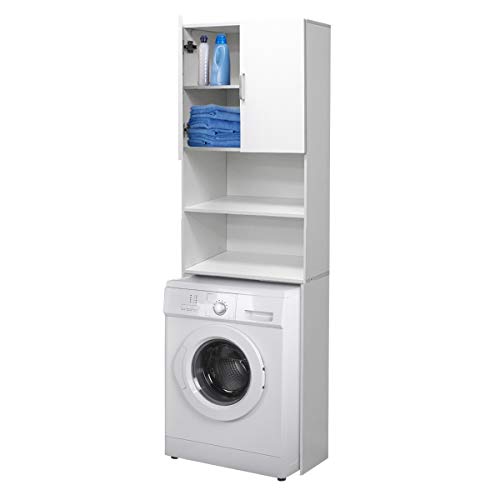 ECD Germany Mobile per Lavatrice Mobiletto da Bagno 62,5x25x190 cm Salvaspazio Armadio Bagno Coprilavatrice Mobili Arredo Bagno Copri Asciugatrice Copri WC con Armadietto 2 Ante Ripiani Legno Bianco