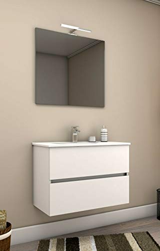 COMPOSIZIONE BAGNO Linea Elegance da 75CM Mobile Sospeso + Lavabo + Specchio + Lampada Led (Bianco Lacquered)