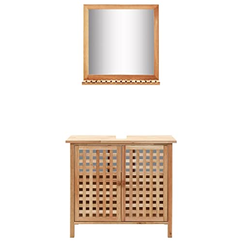 vidaXL Legno Massello di Noce Mobiletto per Lavello con Specchio Pratico Elegante Arredi Bagno Armadietto Sottolavello con 2 Ante Colore Naturale