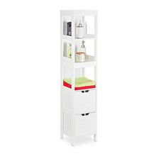 Relaxdays Mobiletto da Bagno, Armadietto a Colonna, 144 x 30 x 30 cm, 2 Cassetti, 3 Scaffali, da Terra, Rustico, Bianco