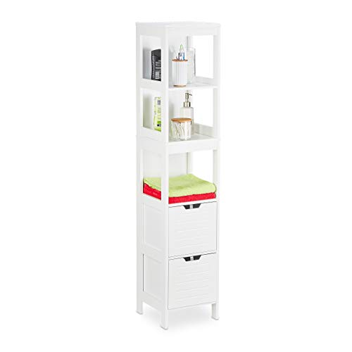 Relaxdays Mobiletto da Bagno, Armadietto a Colonna, 144 x 30 x 30 cm, 2 Cassetti, 3 Scaffali, da Terra, Rustico, Bianco