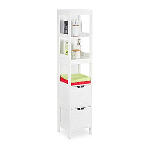 Relaxdays Mobiletto da Bagno, Armadietto a Colonna, 144 x 30 x 30 cm, 2 Cassetti, 3 Scaffali, da Terra, Rustico, Bianco