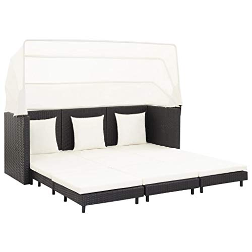Goliraya Divano Letto a 3 Posti Estendibile con Tetto Polyrattan Nero/Grigio,Lettino Prendisole 3 Posti in Rattan,Divano da Giardino Esterno 3 Posti in Rattan,Divano Letto da Giardino Esterno Rattan