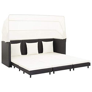 Goliraya Divano Letto a 3 Posti Estendibile con Tetto Polyrattan Nero/Grigio,Lettino Prendisole 3 Posti in Rattan,Divano da Giardino Esterno 3 Posti in Rattan,Divano Letto da Giardino Esterno Rattan
