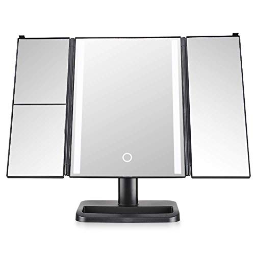 Specchio cosmetico a LED, specchio da trucco illuminato a tre ante, touch screen e specchio con ingrandimento 3X / 2X / 1X, specchio per il trucco da tavolo con due modalità di alimentazione, specchi