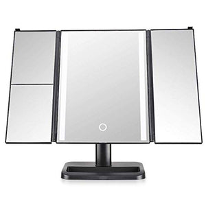Specchio cosmetico a LED, specchio da trucco illuminato a tre ante, touch screen e specchio con ingrandimento 3X / 2X / 1X, specchio per il trucco da tavolo con due modalità di alimentazione, specchi