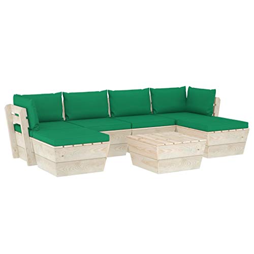 SKM Set Divani da Giardino su Pallet 7 pz con Cuscini Legno Abete (125.7kg) Verde-3581