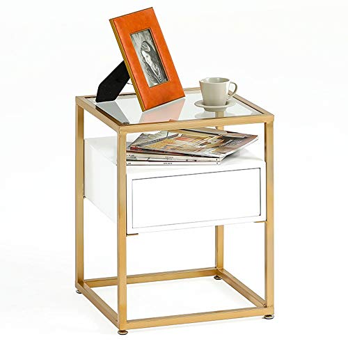 ZR- Tavolino Soggiorno Vetro Temperato Armadio Laterale del Divano con Il Cassetto Espositore Camera da Letto Comodino Tavolo D'angolo Mobilia (Colore : Oro)