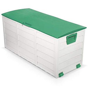 Cassapanca in plastica 230 l - grigio/verde - baule da giardino / cassa / box / contenitore con ruote, coperchio, feritoia di ventilazione, maniglie - trainabile, resistente a intemperie e raggi UV