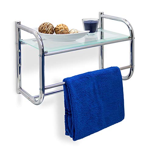 Relaxdays portasciugamani Mensola Porta Asciugamani, Oggetti Bagno, Ripiano in Vetro, 34 x 45 x 23 cm, Acciaio Inossidabile, Argentato, Argento, 1 pz