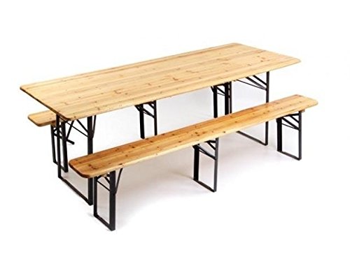 GrecoShop Tavolo/TAVOLA BIRRERIA Completo di PANCHE in Legno con 3 Gambe Pieghevoli Perfetto per BIRRERIA Bar Pub Giardino Fiera Picnic Campeggio Feste TERRAZZA Matrimonio 220cm X 70cm X 76cm