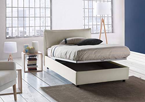 Talamo Italia Letto contenitore Una piazza e mezza Veronica, Made in Italy, Testata e rivestimento in tessuto, Apertura frontale, con materasso cm 120x190 incluso, Panna