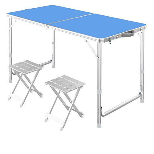 Set da tavolo 2 x panca da giardino in alluminio, tavolo da pranzo pieghevole da picnic, tavolo pieghevole da campeggio portatile e sedia set-blu