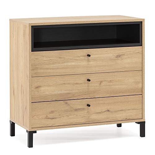 VS Venta-stock Cassettiera Javea 3 cassetti e 1 nicchia, Color Legno e Nero, 80 cm (Larghezza) 40 cm (profonditá) 79,5 cm (Altezza)