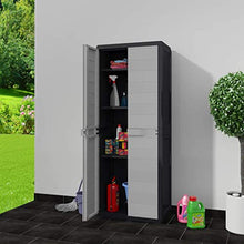 Gotop - Armadietto da giardino con 3 ripiani regolabili, fondo scarico, 65 x 38 x 171 cm, nero e grigio