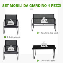 Outsunny Set Tavolino con Panchina e 2 Sedie da Giardino, Arredamento da Esterno in Metallo e Textilene, Nero