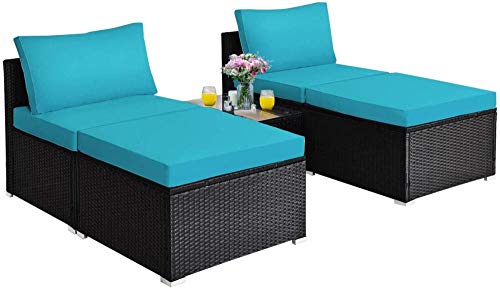 YRRA 5 Pezzi Sedia da Salotto in Vimini con tavolino in Vetro temperato Set di Conversazione per Esterni Include 2 divani Senza armless 2 ottomani 1 tavolino (Nero)-Turchese