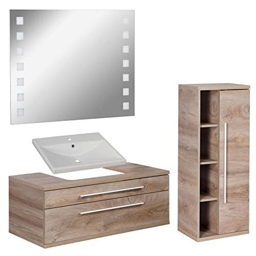 FACKELMANN - Set di mobili da bagno Stanford, 4 pezzi, con mobiletto da appendere e lavabo in ceramica, 110 cm e specchio da bagno a LED