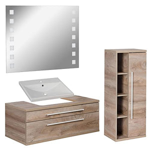 FACKELMANN - Set di mobili da bagno Stanford, 4 pezzi, con mobiletto da appendere e lavabo in ceramica, 110 cm e specchio da bagno a LED
