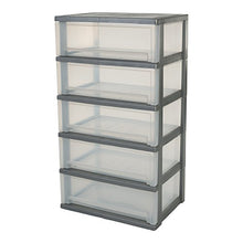 Iris Ohyama, torre di stoccaggio, organizzatore in plastica, 5 x 30L, ruote, resistente, ufficio, garage, camera da letto, capannone - Smart Wide Chest SWC-505 - Argento