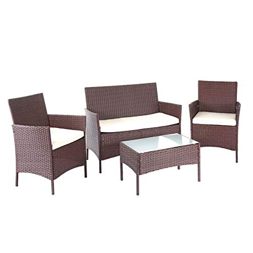Mendler Salottino da Esterno Giardino HWC-D82 polyrattan Marrone con Cuscini Avorio