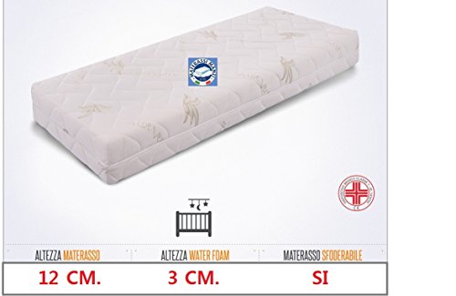 Materasso ideale per culla e lettino mis. 60x125 in Water Foam + Memory Foam 3 cm. antisoffoco, anallergico e con guscio sfoderabile e lavabile in lavatrice 100% Made in Italy ed ortopedico