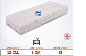 Materasso ideale per culla e lettino mis. 60x125 in Water Foam + Memory Foam 3 cm. antisoffoco, anallergico e con guscio sfoderabile e lavabile in lavatrice 100% Made in Italy ed ortopedico