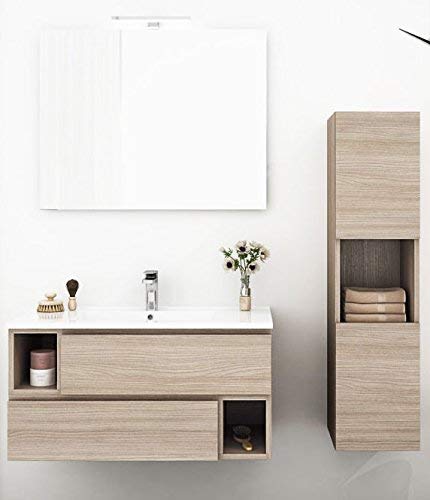 Mobile da bagno, specchio, 2 cassetti, 2 vani a giorno, L.91 P.46 cm Finitura: Olmo Terra, Top lavabo in resina