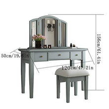 Toeletta con Tre-specchi Pieghevoli,Vanity Toeletta da Trucco Scrivania con Sgabello Imbottito per Le Donne Ragazze,3 Cassetti,Gambe in Legno Solido-Nero 120x50x156cm(47x20x61inch)