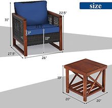 YRRA 3 Pezzi Patio mobili in Vimini Set di sofà all'aperto in Rattan Set W/Cuscino Lavabile e tavolino da caffè Acacia Conversazione con Conversazione Bistro Set per Giardino (Beige)-Blu