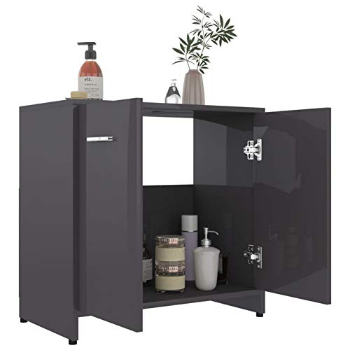 Festnight Armadio da Bagno Grigio Lucido con 2 Ante | Armadietto da Bagno | Mobile a Terra Sottolavabo | Mobiletto Sottolavandino 60x33x58 cm in Truciolato