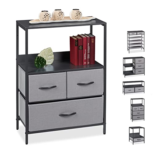 Relaxdays Mobiletto Alto, 3 Cassetti, 2 Ripiani, Corridoio Soggiorno, MDF, Stoffa, Acciaio, HLP 82 x 58 x 30 cm, Grigio, Pannelli, Tessuto, Design A-Mobile