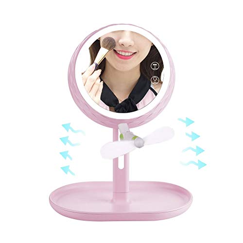 FCS Bathroom Specchio da Trucco da Tavolo con Luci LED, Specchietto per Trucco con Organizzatore Trucco, Specchio da Doccia, USB Ricaricabile, Specchio Girevole a 90°, Rosa