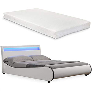 Corium Letto Imbottito LED 'Valencia' con Materasso (140x200cm)(Bianco) (Schiuma Fredda) - Similpelle-PU/Fodera Similpelle/Illuminazione - RGB/con Rete a doghe
