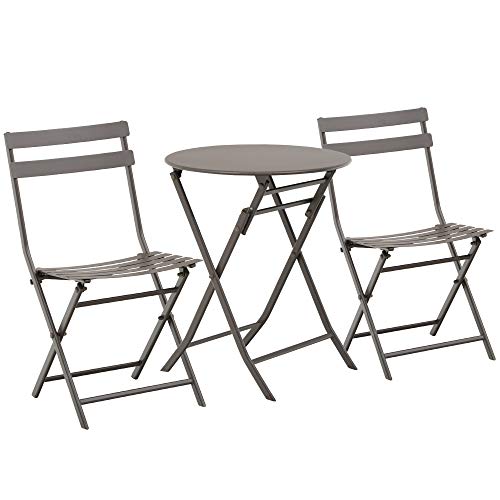 Outsunny Tavolino con Sedie da Giardino Pieghevoli in Acciaio Marrone, Set 3 Pz per Balcone, Terrazzo, Esterno
