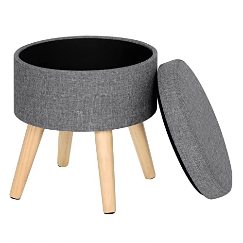 WOLTU SH08hgr Pouf Contenitore Sgabello Basso Sedia Rotonda Poggiapiedi Gambe in Legno Grigio Chiaro