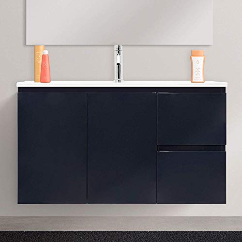Bricozone Mobile Mobiletto da Bagno Vaduz Sospeso in Legno con 2 Ante E 2 Cassetti, Lavabo in Ceramica, Arredamento per Interni, 100 x 36 x 50 Cm Nero Laccato