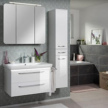 FACKELMANN - Set di mobili da bagno, 4 pezzi, colore: Bianco lucido Milano - Lavandino in ceramica da appendere, 100 cm e 3 ante a LED