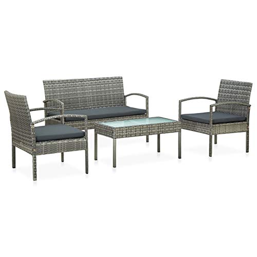 Tidyard Set Divani da Giardino 4 pz con Cuscini in Polyrattan Grigio,Salotto da Giardino,Set Mobili da Giardino,Tavolo Rettangoalre+Panca 2 Posti+2 Poltrone da Giardino per Esterno