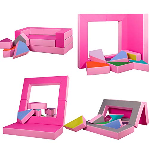 millybo Divano da gioco 4 in 1, divano per bambini, puzzle per la cameretta dei bambini, materasso da gioco per la cameretta dei bambini, cuscino imbottito (rosa/rosa)