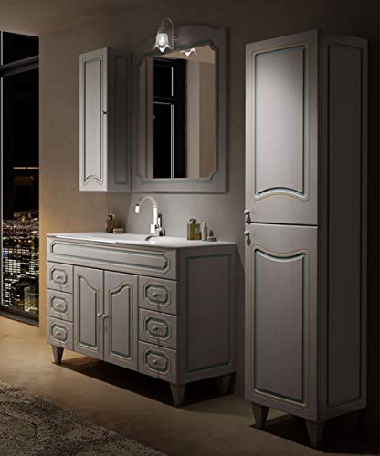 Mobile bagno a terra moderno Caravaggio effetto decapè, misura cm 120, con specchio e applique, lavabo, colonna e pensile