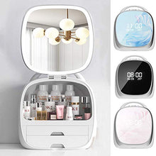 Specchio per Il Trucco USB Ricaricabile Makeup Organizer Scatola di stoccaggio Scatole per cosmetici e gioielli con l'ora, la data e la temperatura visualizzate sullo schermo,Pink