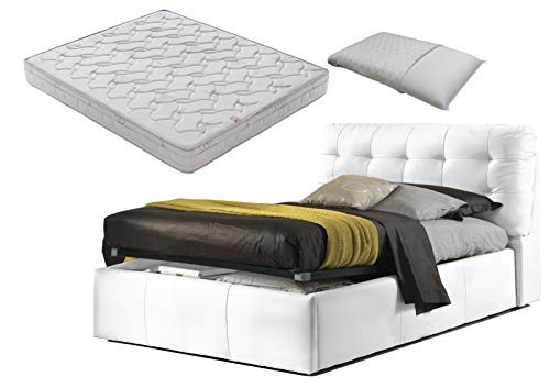 SARDAMATERASSI Letto piazza e mezza con box contenitore bianco ELEGANT + materasso piazza e mezza 120x190 memory foam+coppia guanciali in fibra 3D