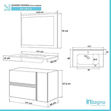 Mobile bagno sospeso 90/110 cm, cassetti e ante con chiusura rallentata, completo di specchio e lavabo in ceramioa (Effetto Pietra Oxid, Mobile 110 con lavabo e specchio)