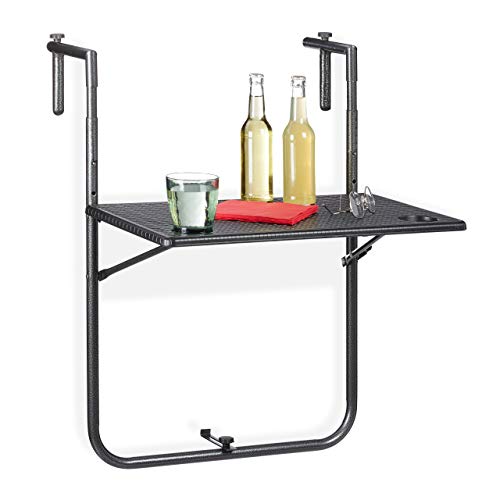 Relaxdays Tavolino Pieghevole da Balcone, Tavolo da Appendere Ringhiera, Altezza Regolabile, Resistente Intemperie, Nero