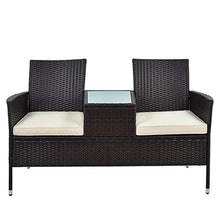 Panchina da giardino in polyrattan, con tavolo da 2 posti, cuscini da 5 cm