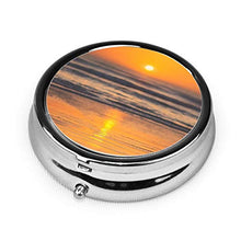 Scatola rotonda per medicina portatile, mini pillole in metallo, dispenser per pillole, borsa da tasca, regalo da viaggio, spiaggia e tramonto