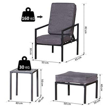 Outsunny Set 5 Pezzi Mobili da Esterno, 2 Sedie Reclinabili, 2 Pouf e 1 Tavolino, Grigio e Nero, Metallo e Poliestere