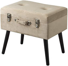 Baroni Pouf Valigia Contenitore in Velluto, Puff Sgabello Portaoggetti, Pouff Poggiapiedi Salotto, Camera con Zampe in Legno, Colore Beige, 50x35x46