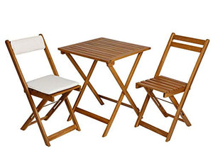 Spetebo Set di mobili in legno di acacia con cuscino per sedia, 2 sedie pieghevoli + tavolo pieghevole, in legno, per balcone e bistrot